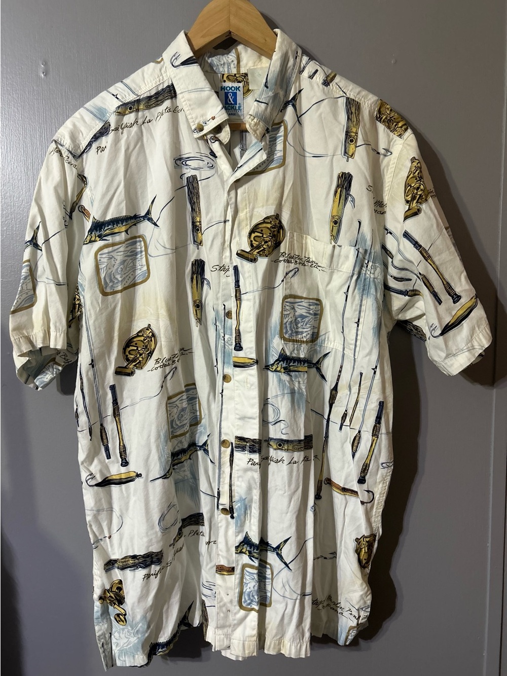 Hook & Tackle Men's Short Sleeve Fishing Print Button-Down Shirt - Cream/Blue